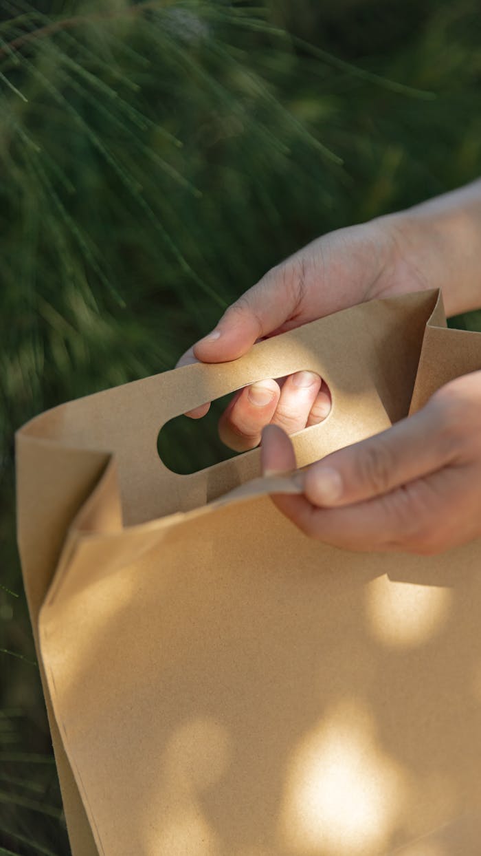 The Art of Drawing Readers In: Your attractive post title goes here Close-up of a hand holding an eco-friendly paper bag outdoors in sunlight.