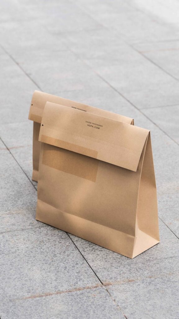 Two eco-friendly kraft paper bags on a pavement outdoors.