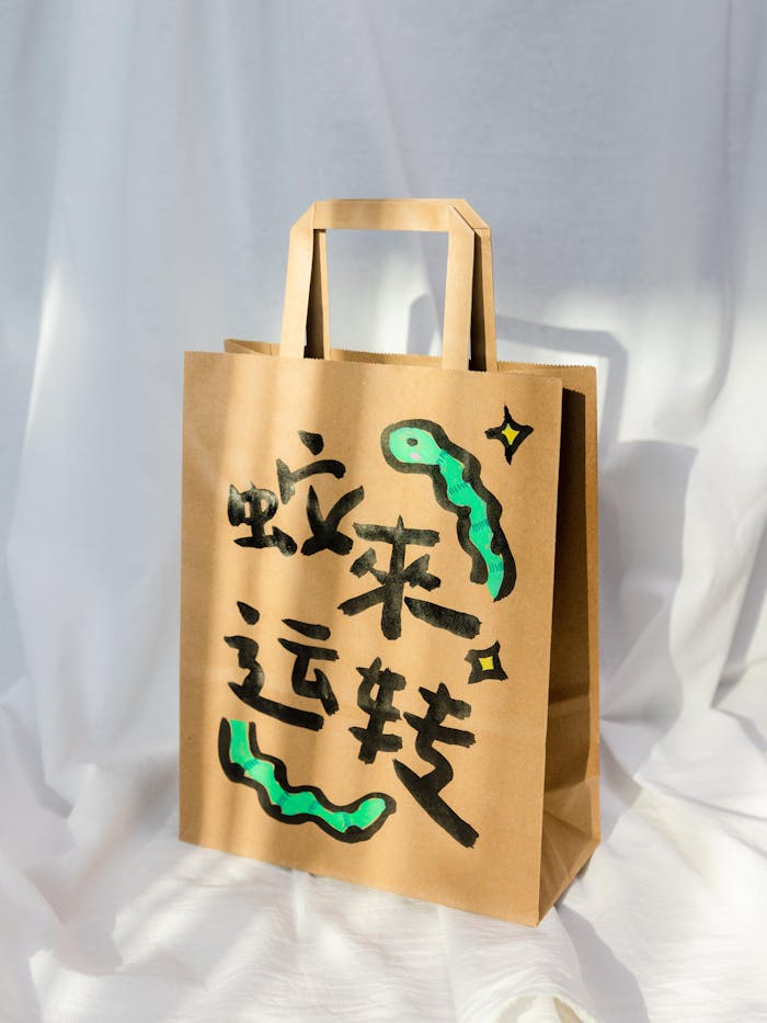 Sunlit kraft paper bag with eco-friendly design and artistic calligraphy.